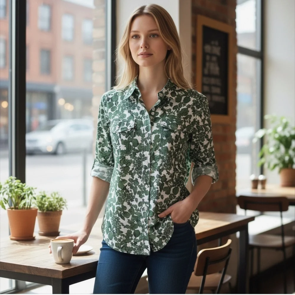 Tory Burch Issy Vine Leaf Print Button Down Shirt Utility Roll Tab 2 XS